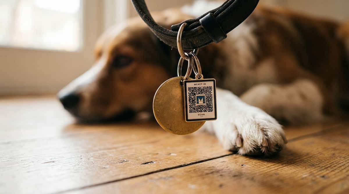 Collar de perro con una chapa identificativa metálica y una chapa con QR de MEKET colgando juntas
