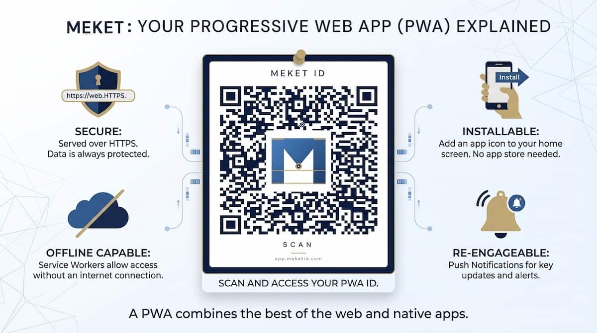 Infografía que muestra las características de MEKET como PWA: segura, instalable, con notificaciones y capacidad offline