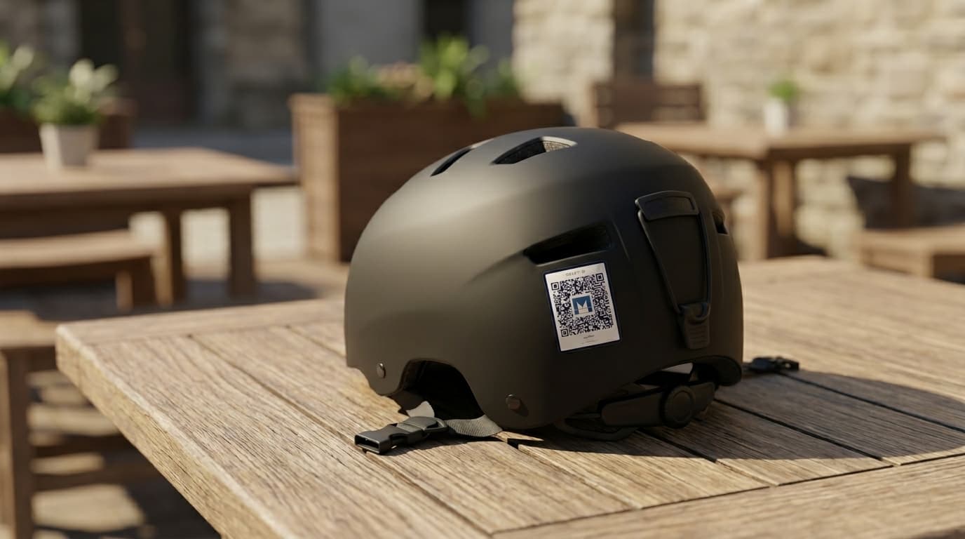 QR de MEKET pegado en un casco de bicicleta