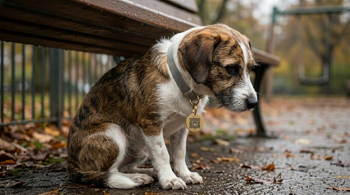 Perro mestizo perdido sentado bajo un banco en un parque otoñal, con placa metálica con QR de MEKET en el collar