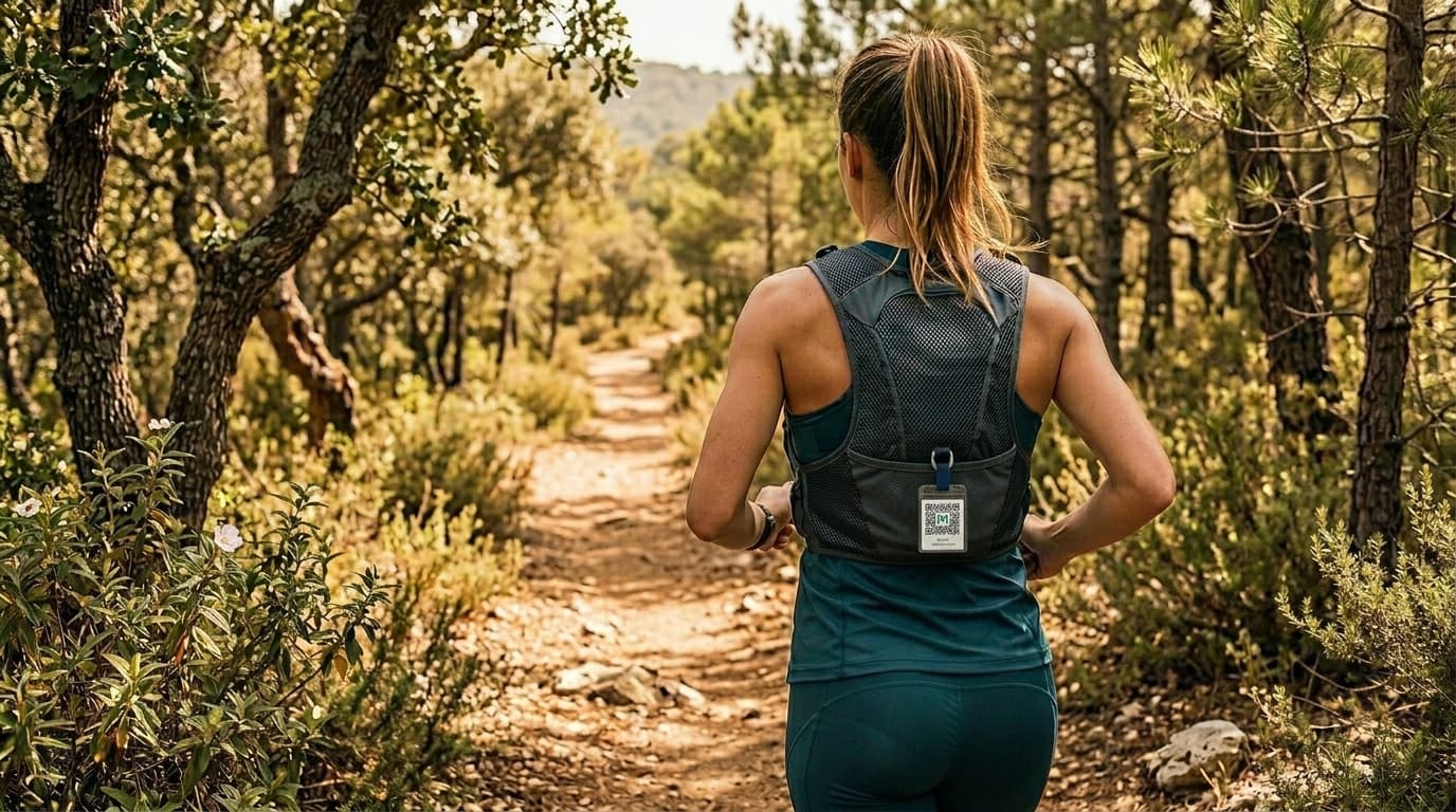 Trail runner con un QR de MEKET en el chaleco de hidratación, corriendo por un sendero de montaña
